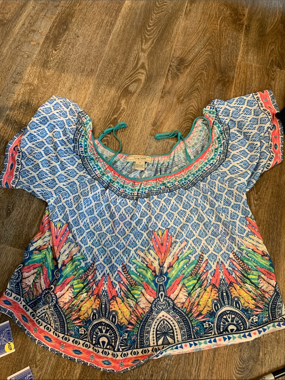 #104 Flying Tomato Blue Multicolor Boho Crop Top with Coral & Teal Accents